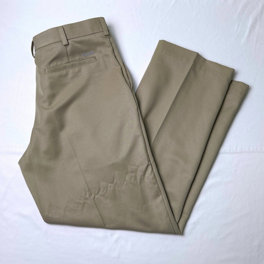 IZOD Mens Flat Front Performance Khaki Golf Pants Size 32x30 Tan Athleisure